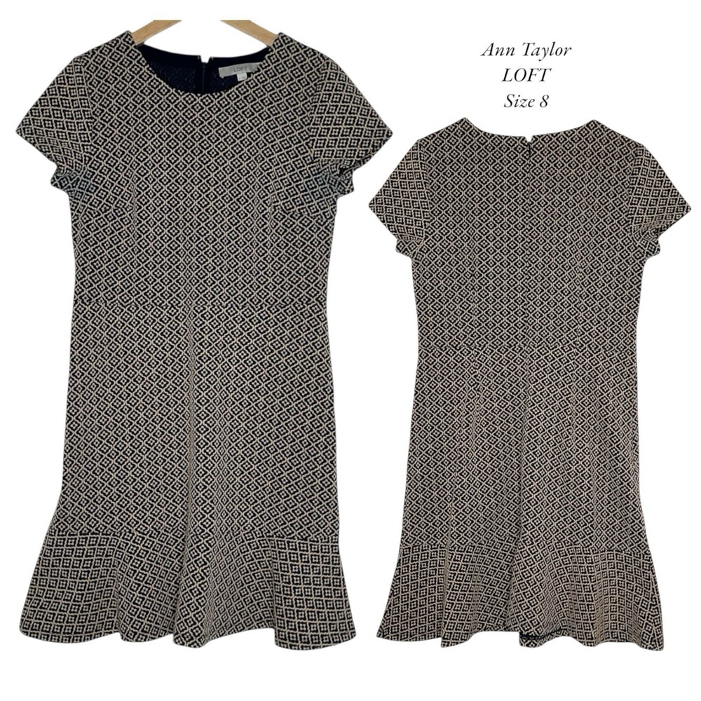 Ann Taylor Women's 8 Dress Knit Aztec‎ Print Short Sleeve Zip Back Officecore